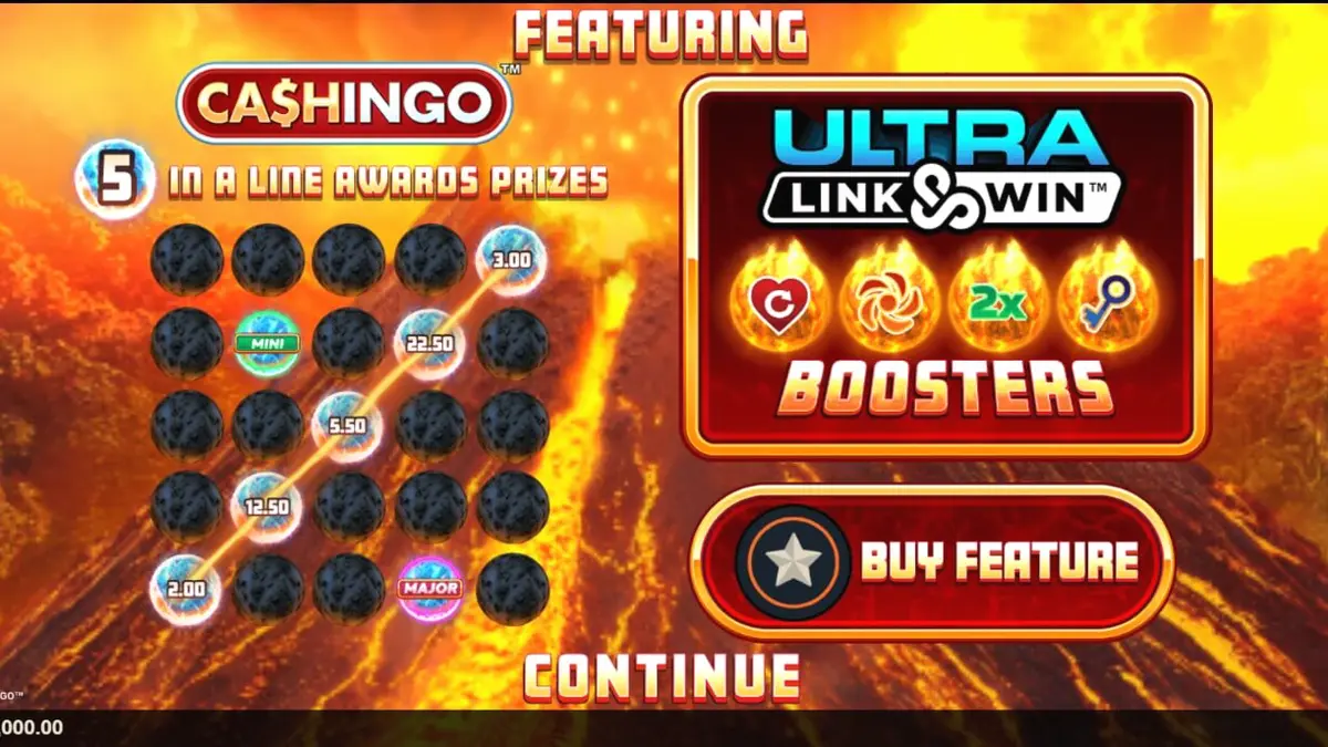 Tampilan visual slot Eruption Blaze Cashingo dengan tema gunung berapi dan grid bingo