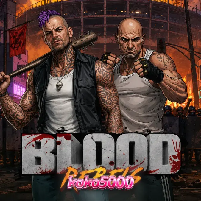 Tampilan visual slot Blood Rebels dengan tema pemberontakan jalanan yang gelap.